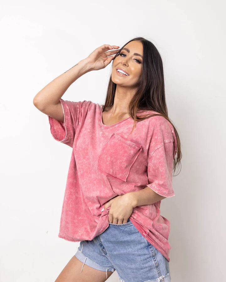 Candy Mineral Wash V-Neck Top- Pink