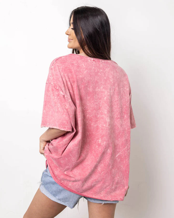 Candy Mineral Wash V-Neck Top- Pink