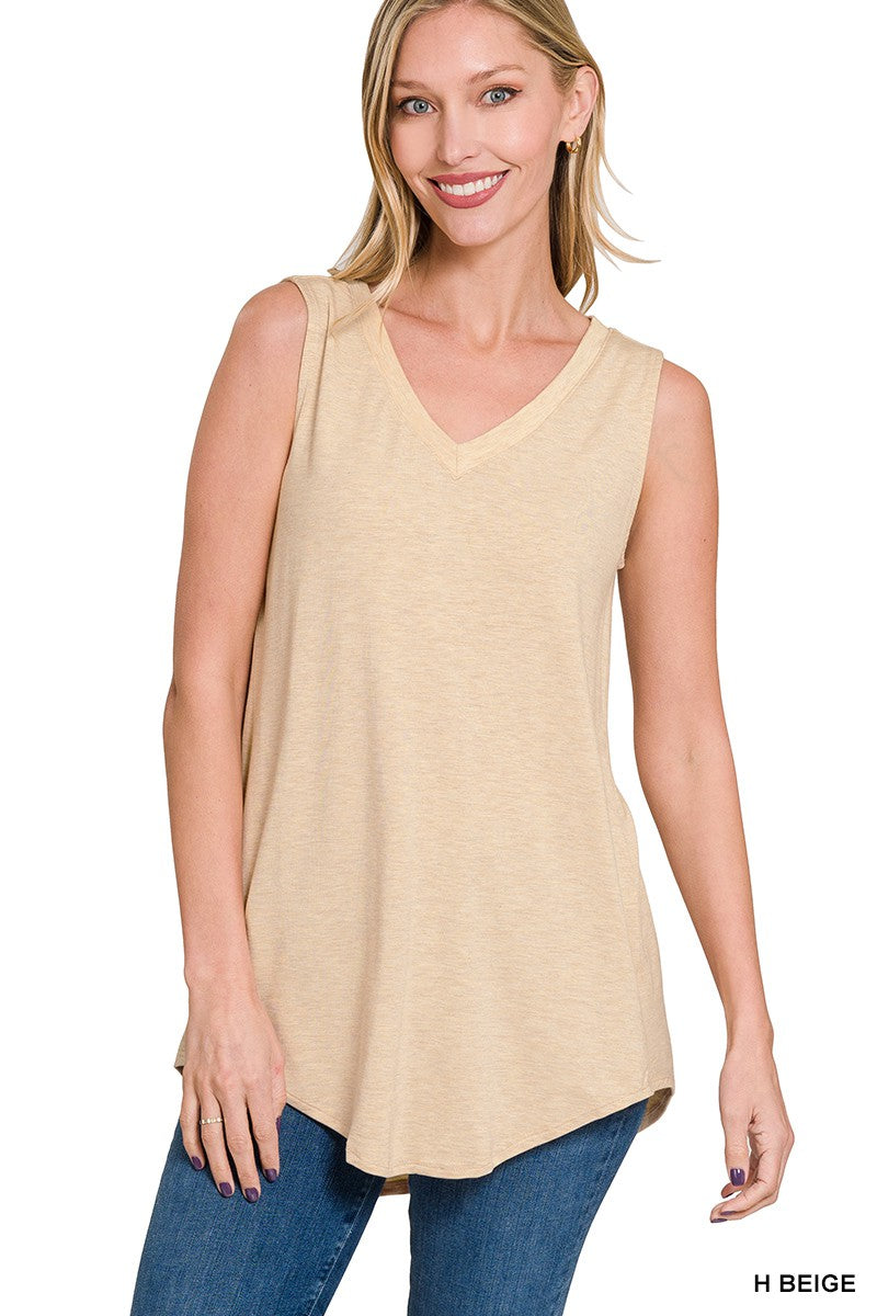 Erin V-Neck Rounded Hem Tank- Heather Beige
