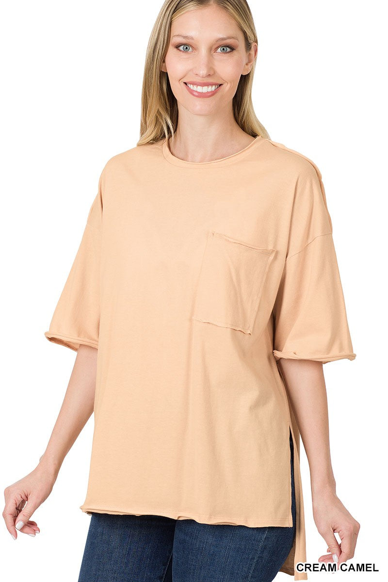 Gia Front Pocket Raw Edge Top- Cream Camel
