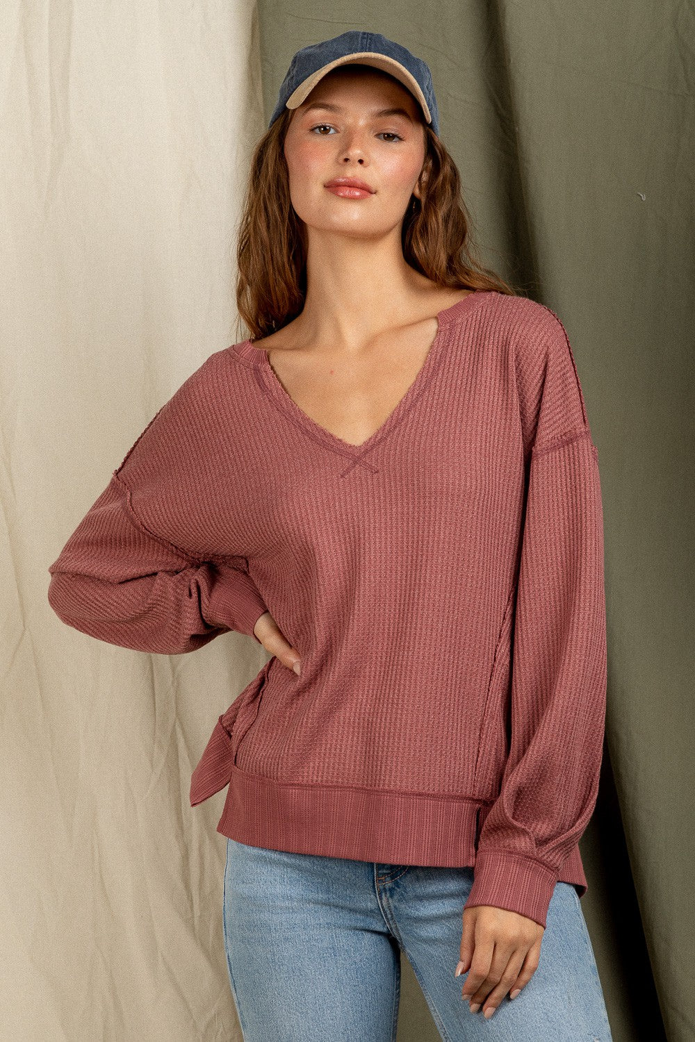 Made in Mauve Waffle V-Neck Top