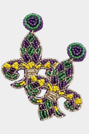 Mardi Gras Beaded Fleur De Lis Earrings