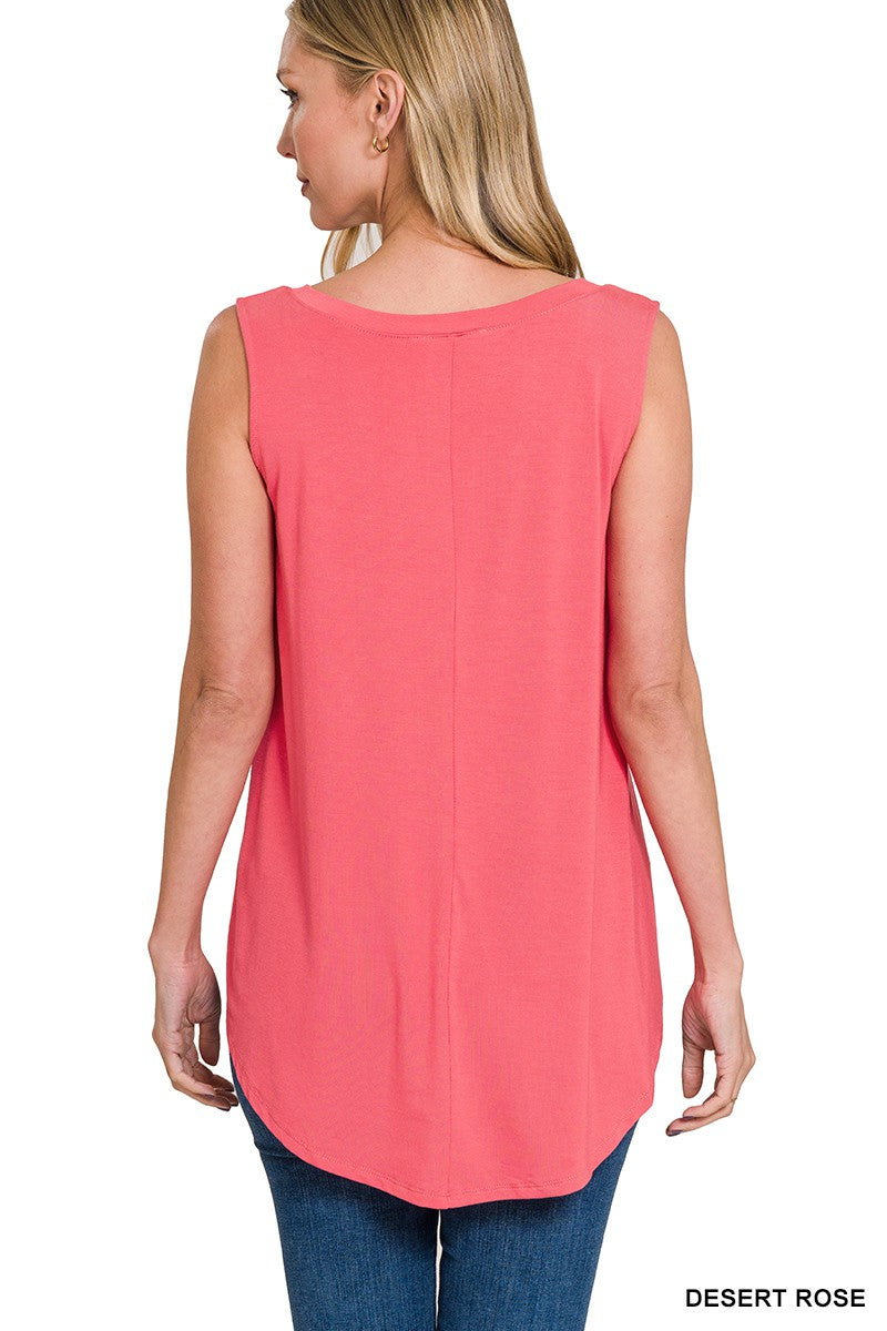 Erin V-Neck Rounded Hem Tank- Desert Rose