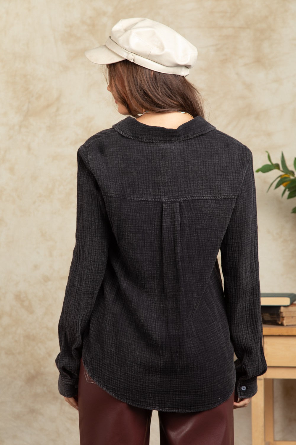 Mineral Wash Button Down Top- Black
