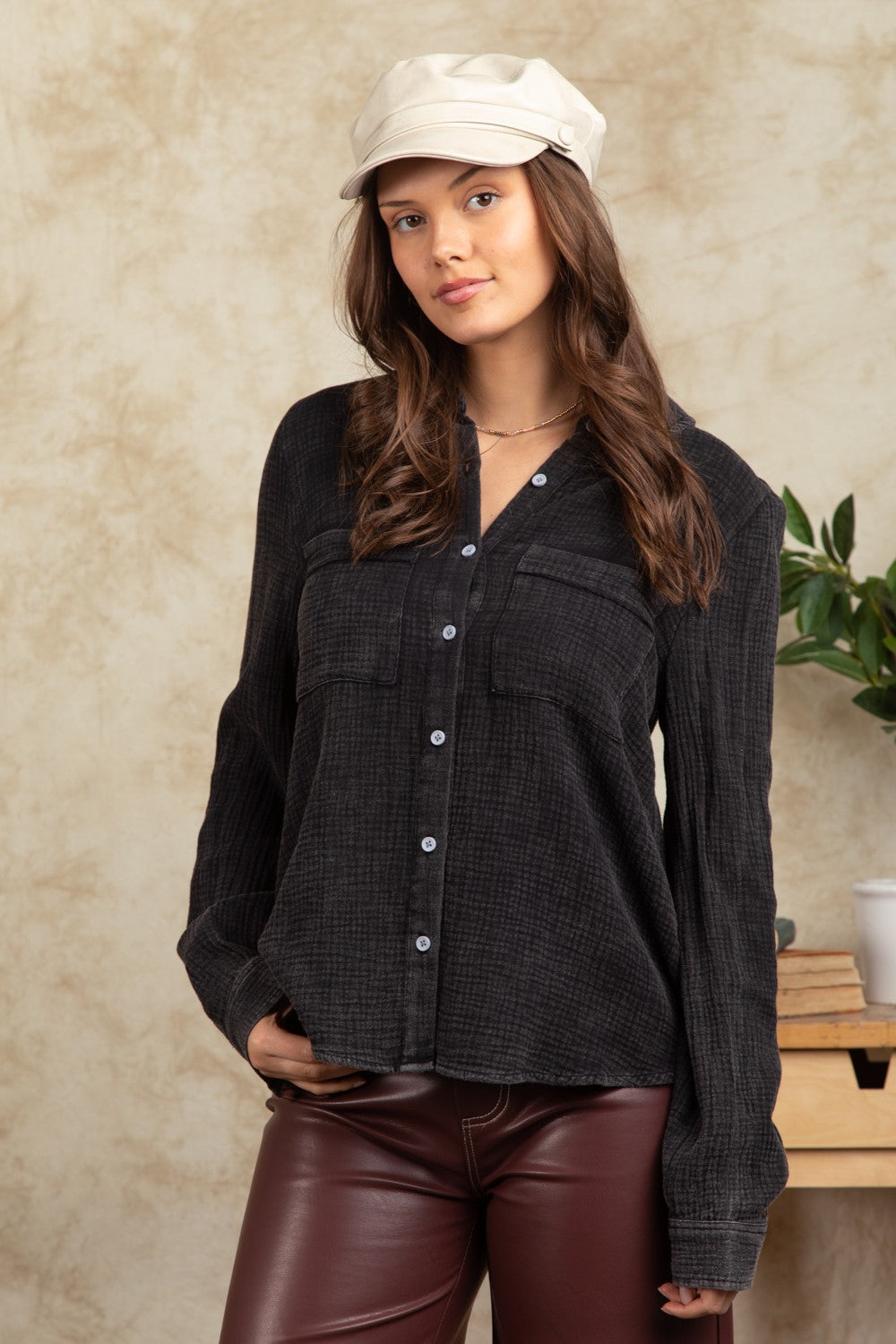 Mineral Wash Button Down Top- Black