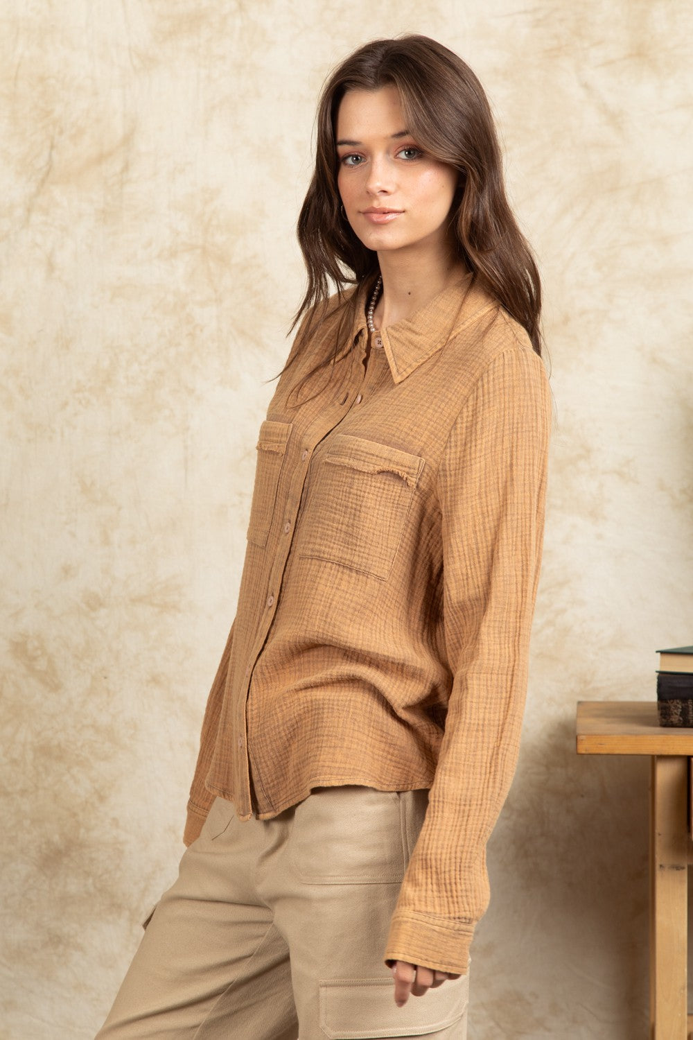 Mineral Wash Button Down Top- Mocha