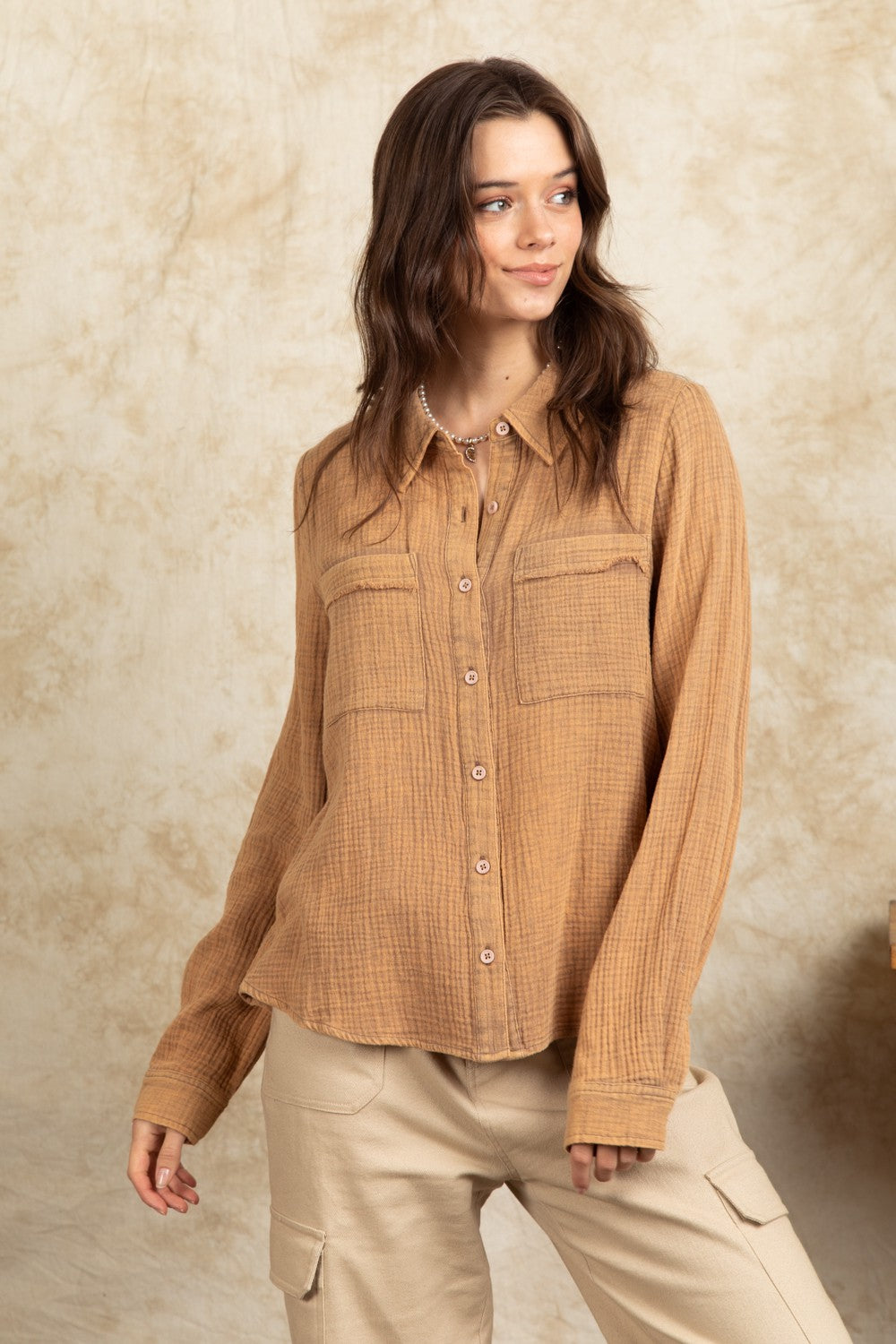 Mineral Wash Button Down Top- Mocha