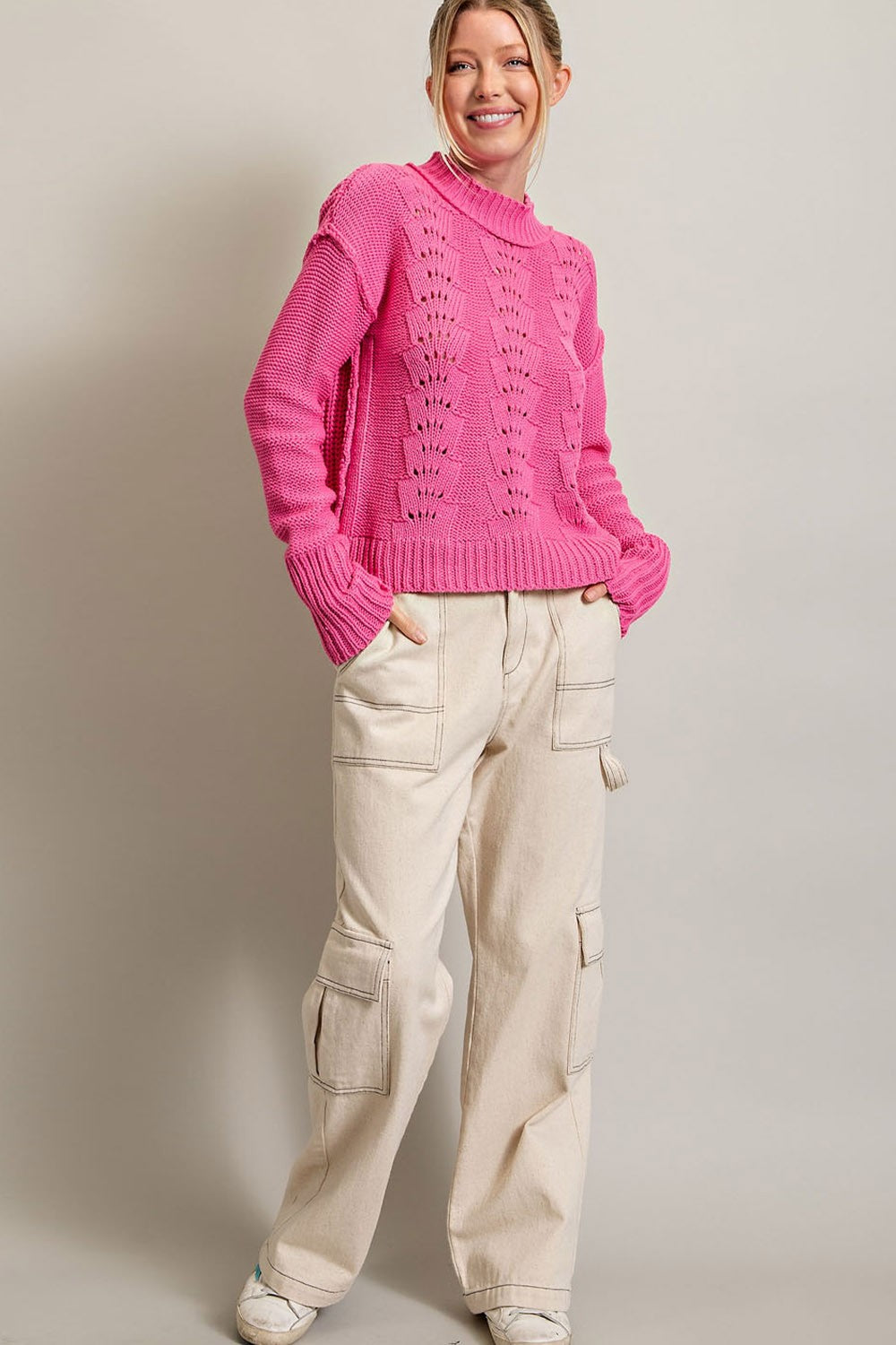 Caty Crochet Sweater- Hot Pink