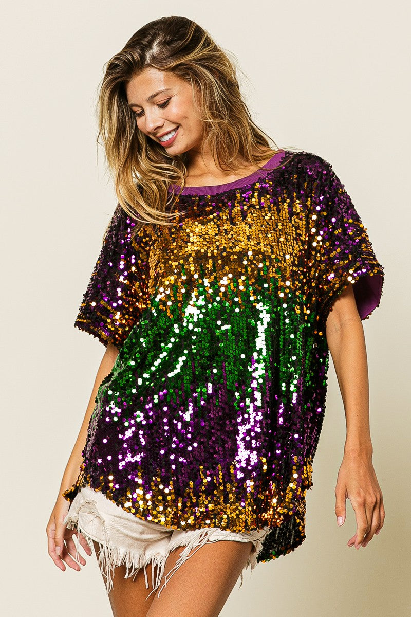 Mardi Gras Sequin Dolman Top