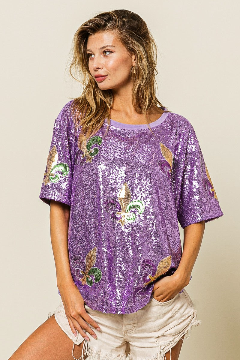 Purple Sequin Fleur De Lis Patch Top