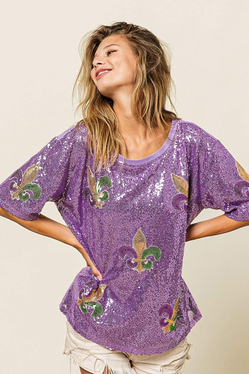 Purple Sequin Fleur De Lis Patch Top