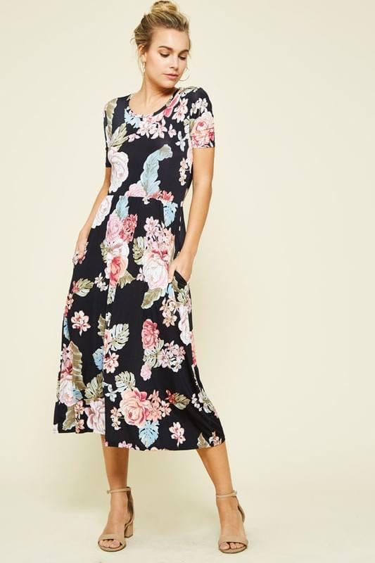 Black Floral Pocket Dress