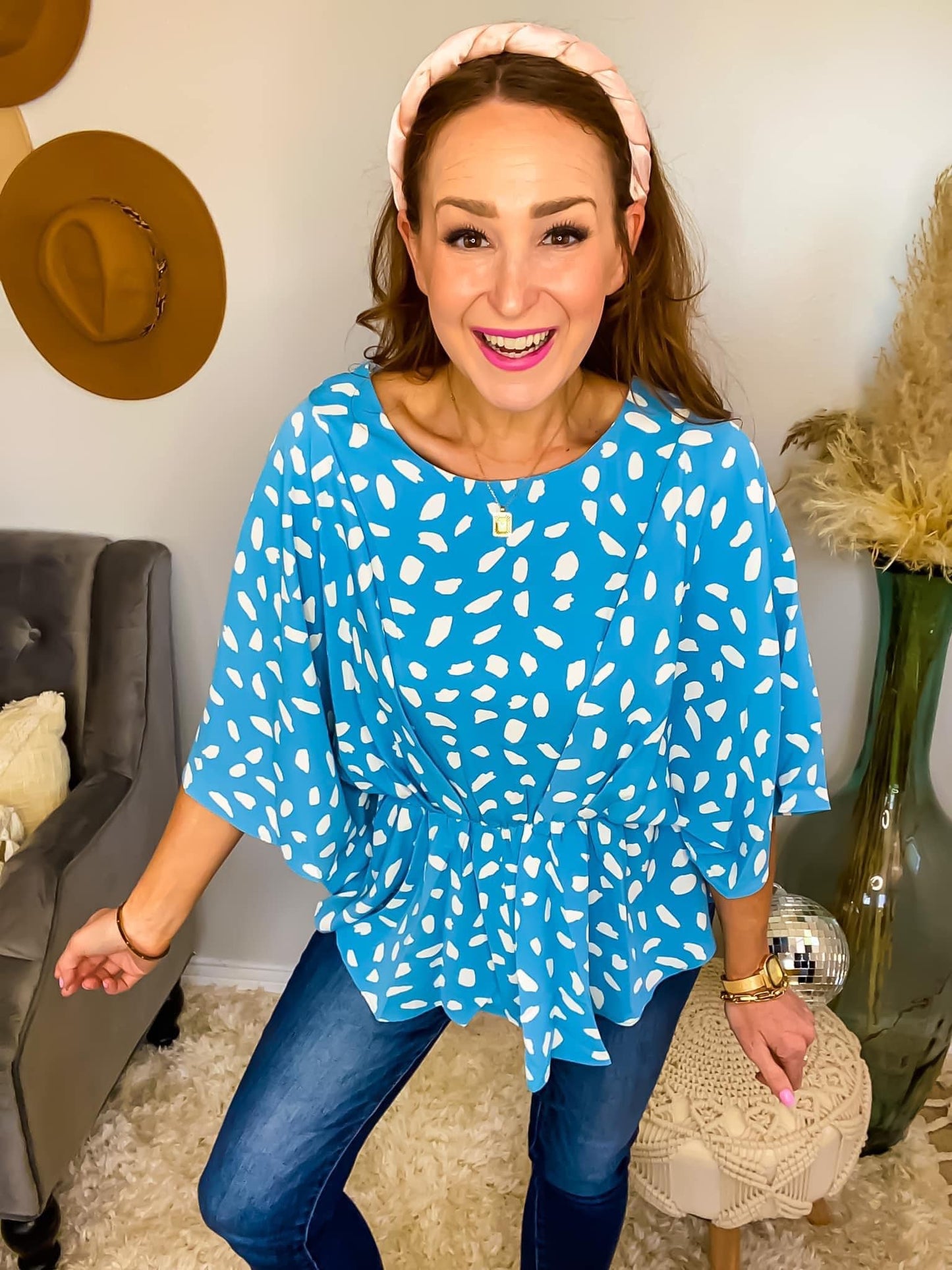 Blue/White Dalmatian Peplum Top