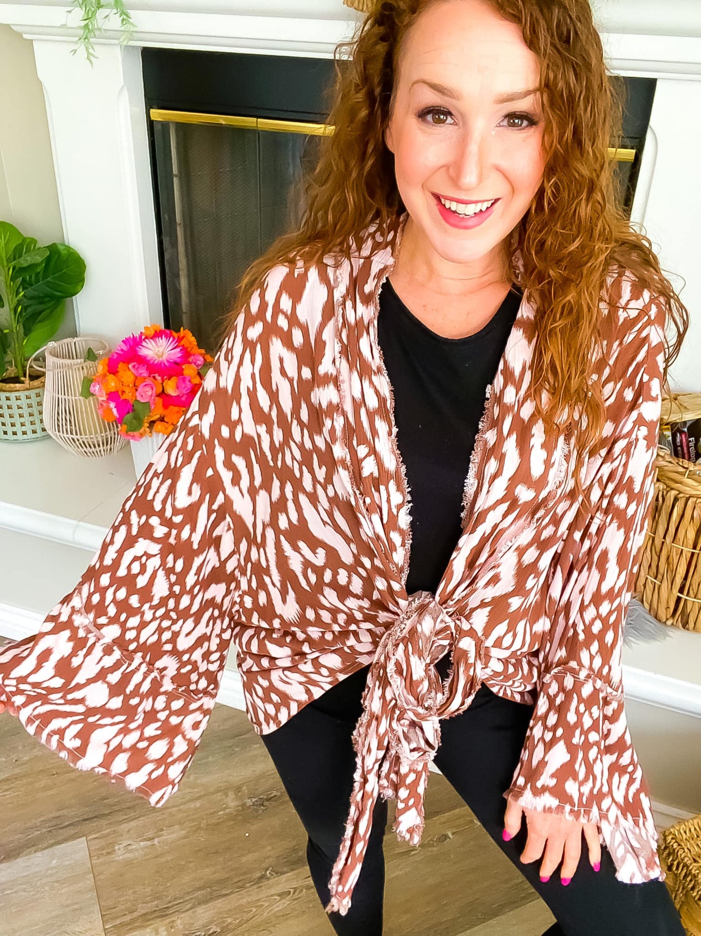 Animal Print Tie Front Kimono