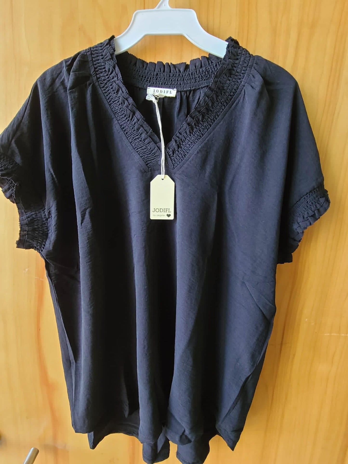 Black Smocked V-Neck Top