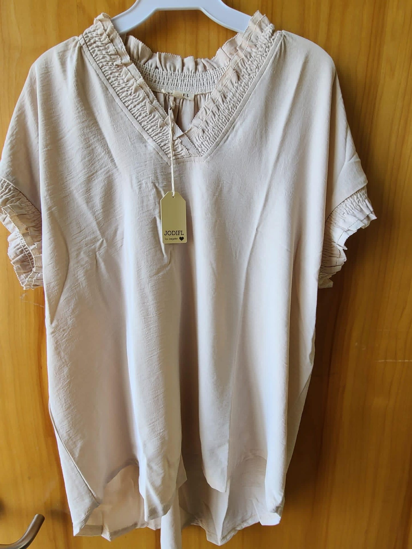 Taupe Smocked V-Neck Top