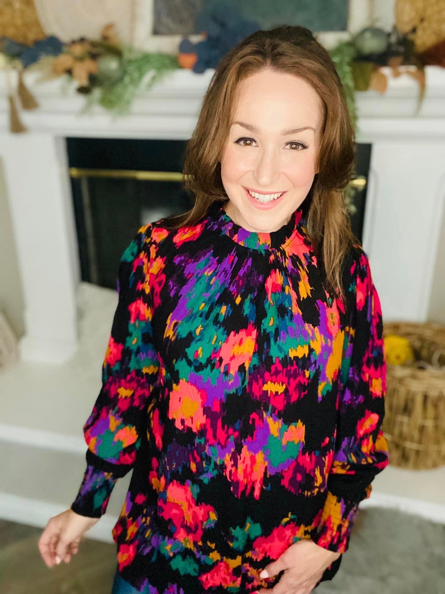 Black Abstract Mock Neck Top