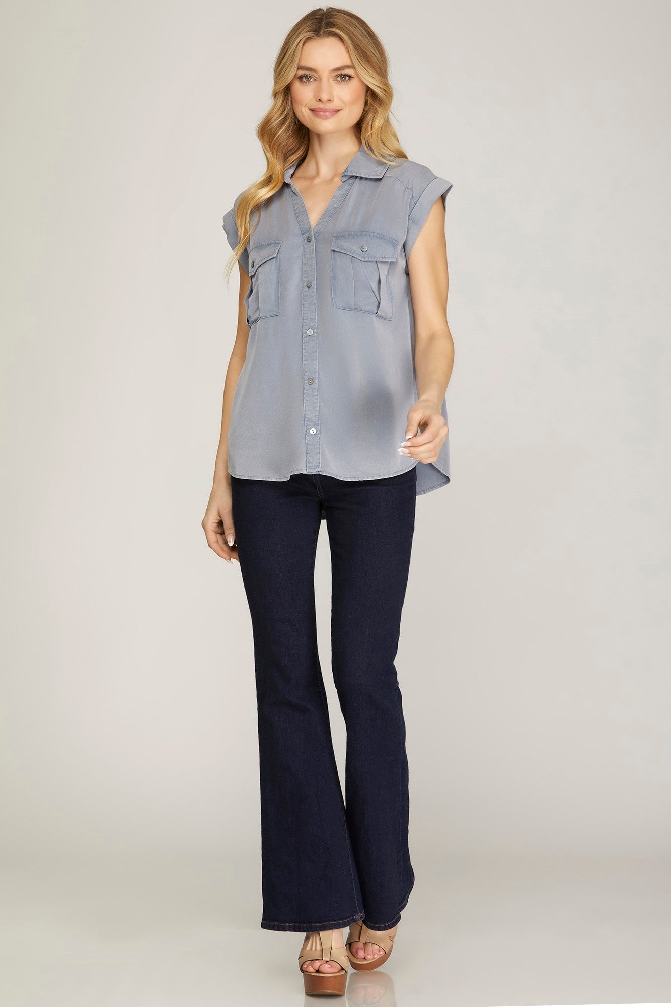Denim Washed Button Up Top