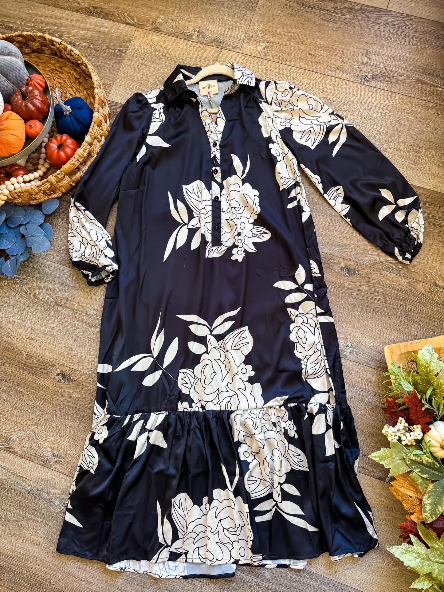 Black Floral Silky Midi Dress