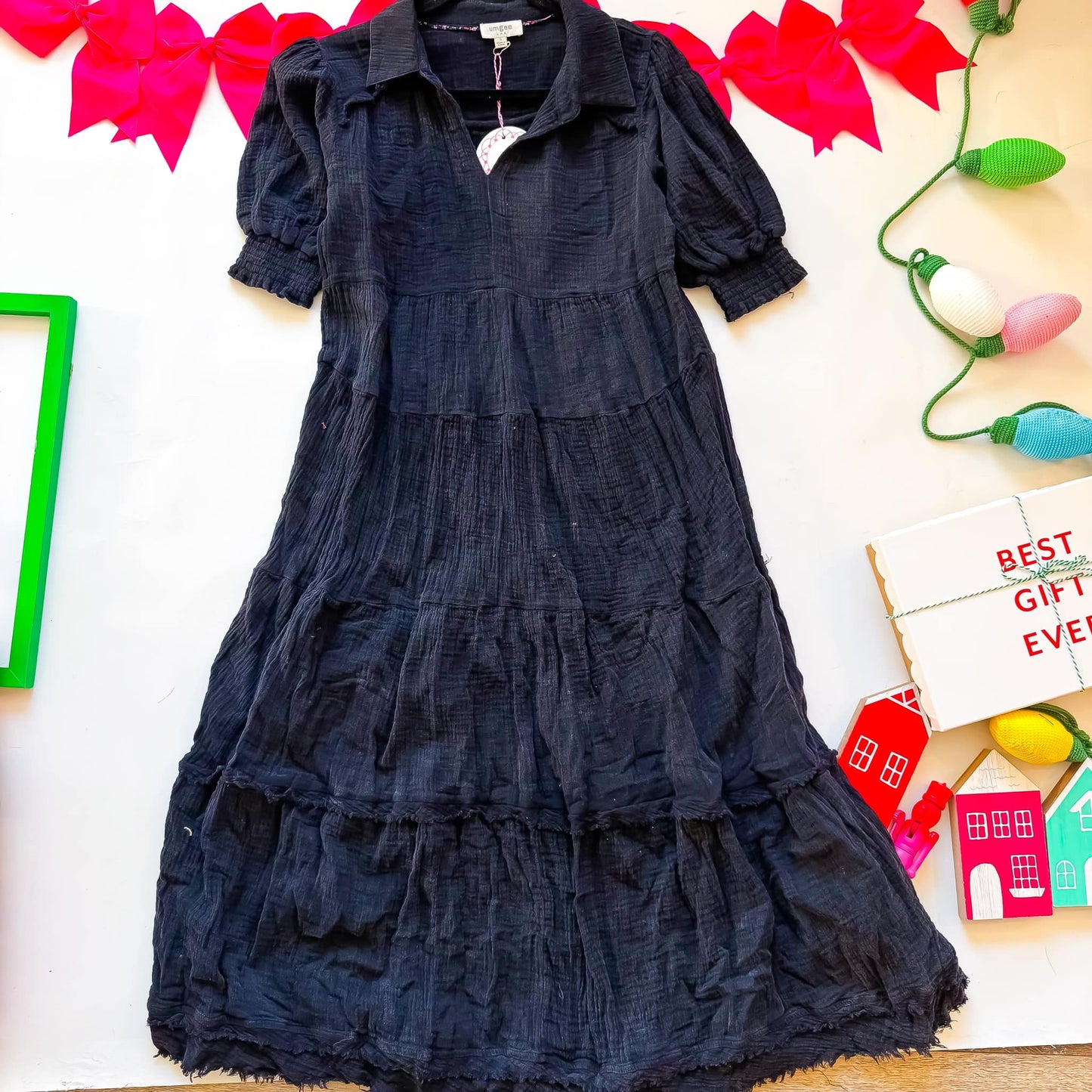 Black Washed Tiered Gauze Midi Dress