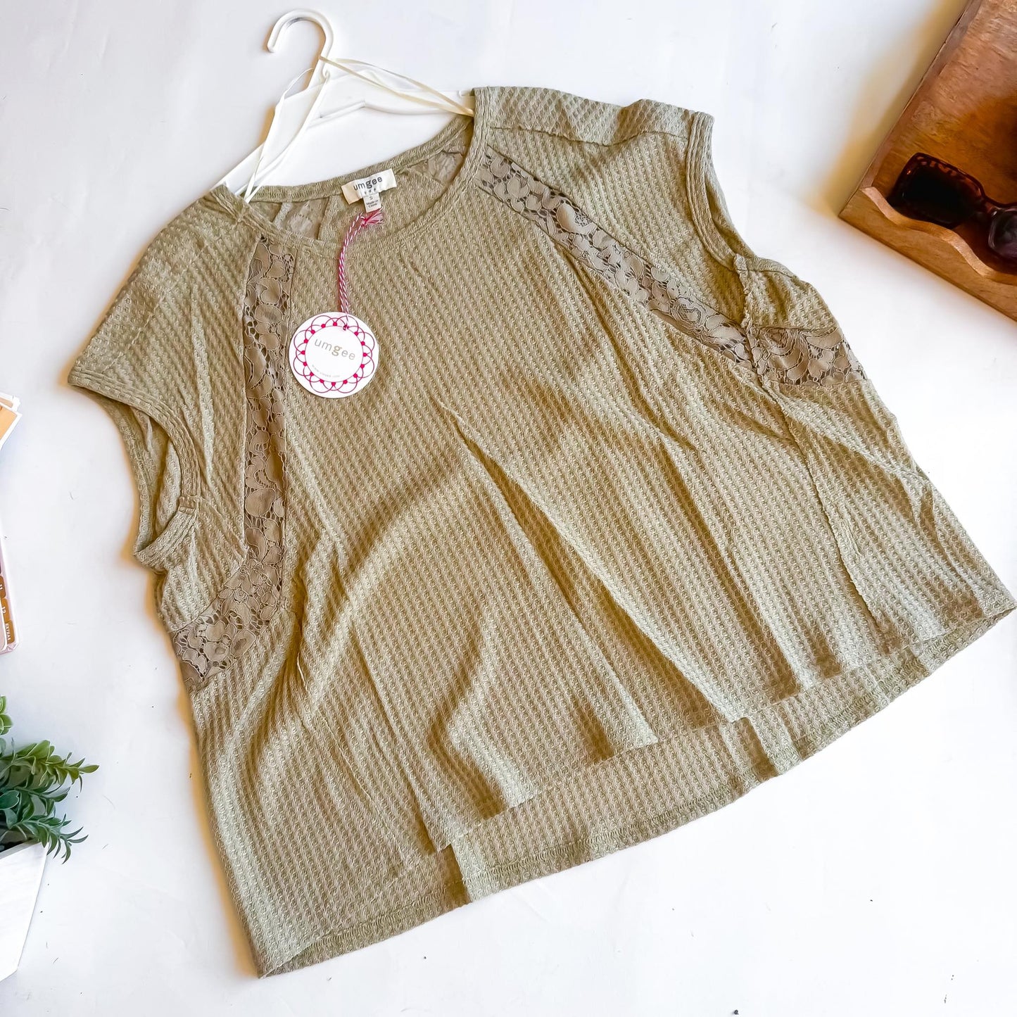 Olive Waffle and Lace Mix Top