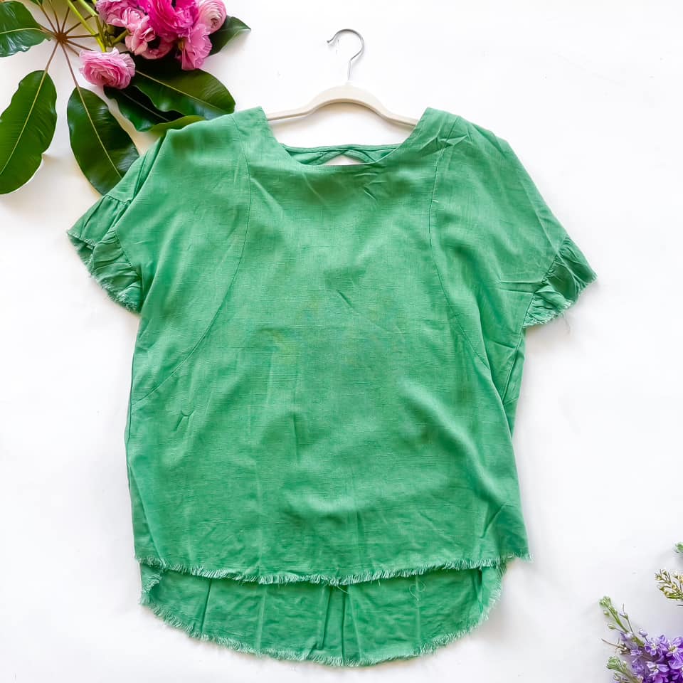 Green Linen Blend Ruffle Sleeve Top