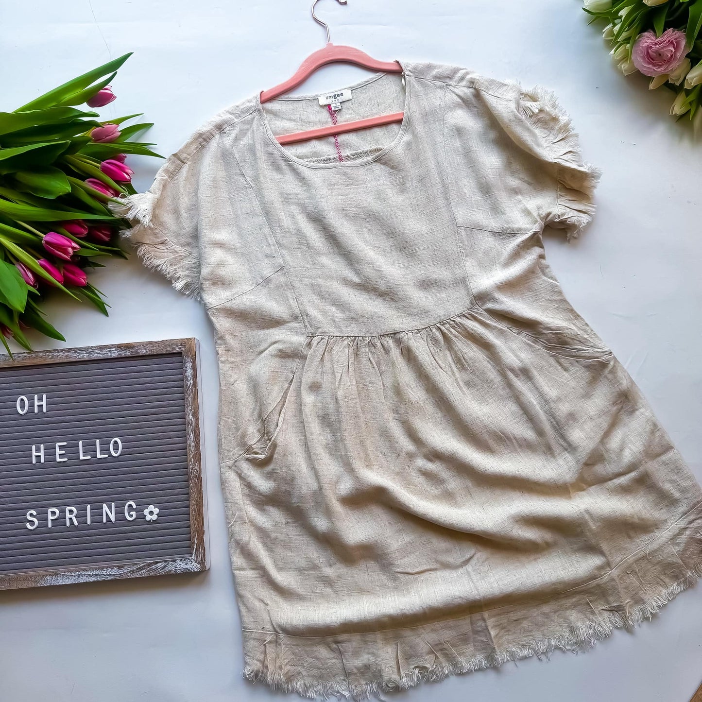 Oatmeal Linen Frayed Hem Dress