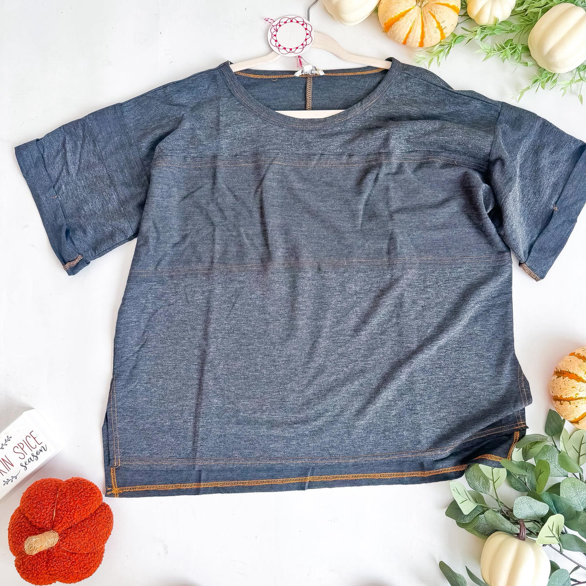 Heathered Charcoal Contrast Stitch Top
