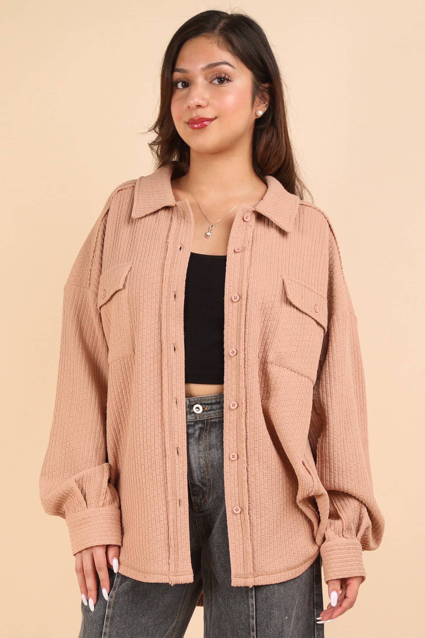 Blush Textured Button Down Shacket - Annor's Boutique