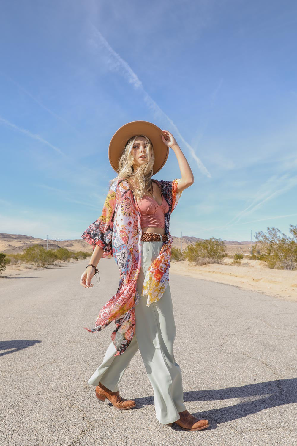 Boho Floral Patchwork Kimono-Sky Blue