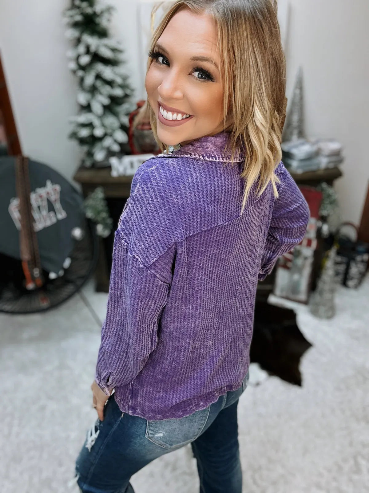 Acid Wash Waffle Knit Shacket- Purple