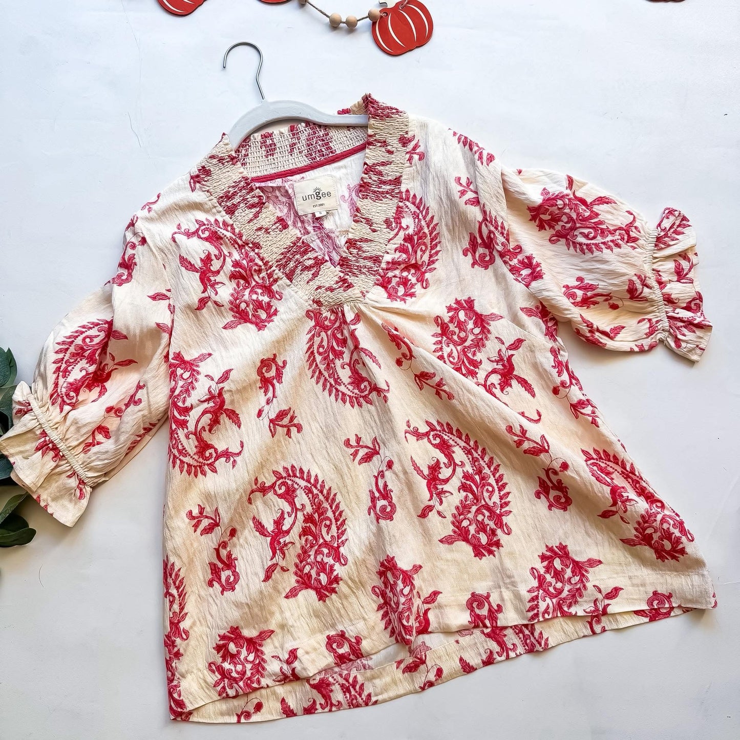 Raspberry Paisley Ruffle V-Neck Top