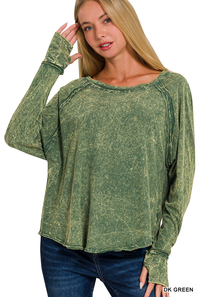 Cara Crinkle Wash Thumb Hole Top- Green