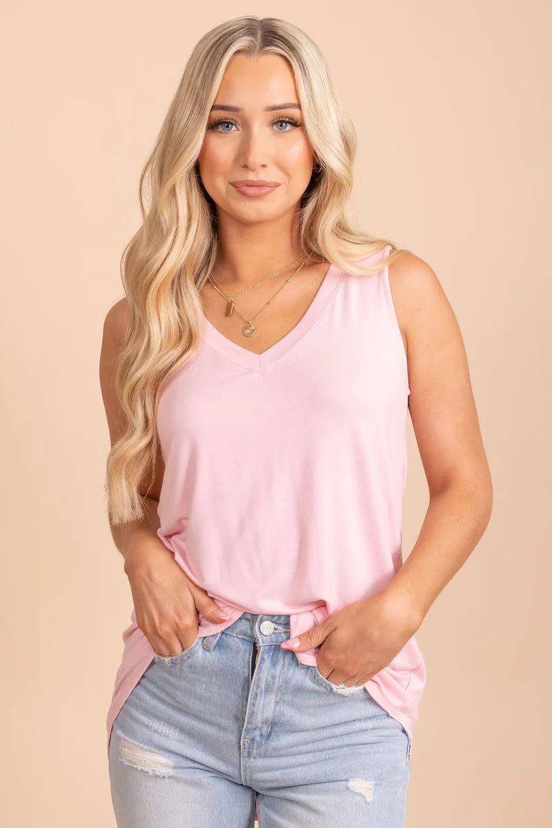 Erin V-Neck Rounded Hem Tank- Baby Pink