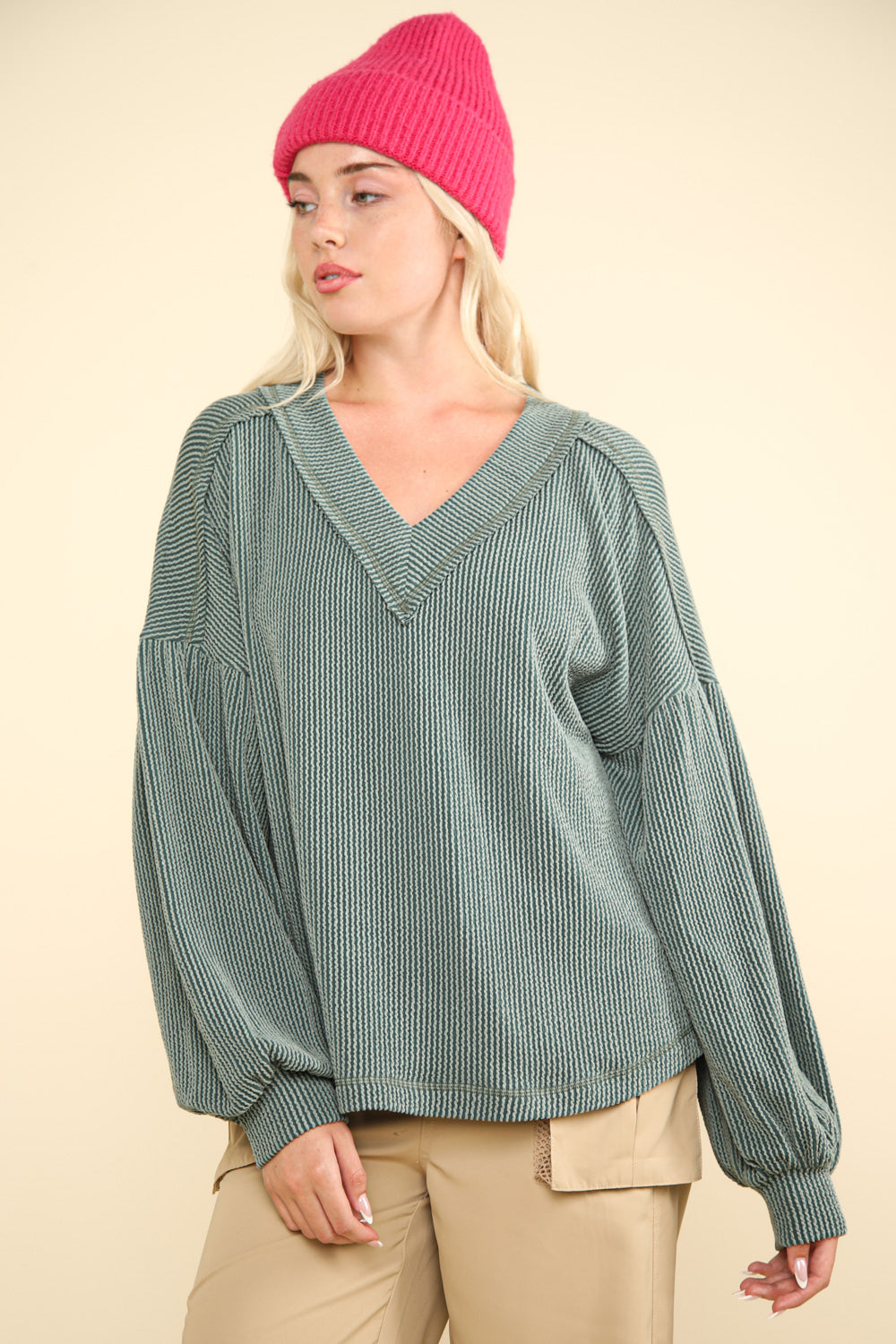 Reese Ribbed V-Neck Balloon Sleeve Top