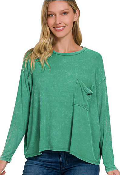 Whit Washed Dolman Pocket Top- Green