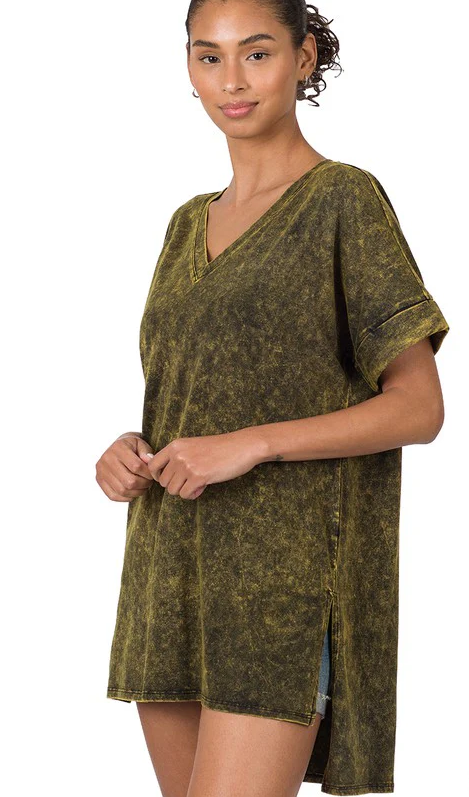 Olive V-Neck Mineral Wash Tunic