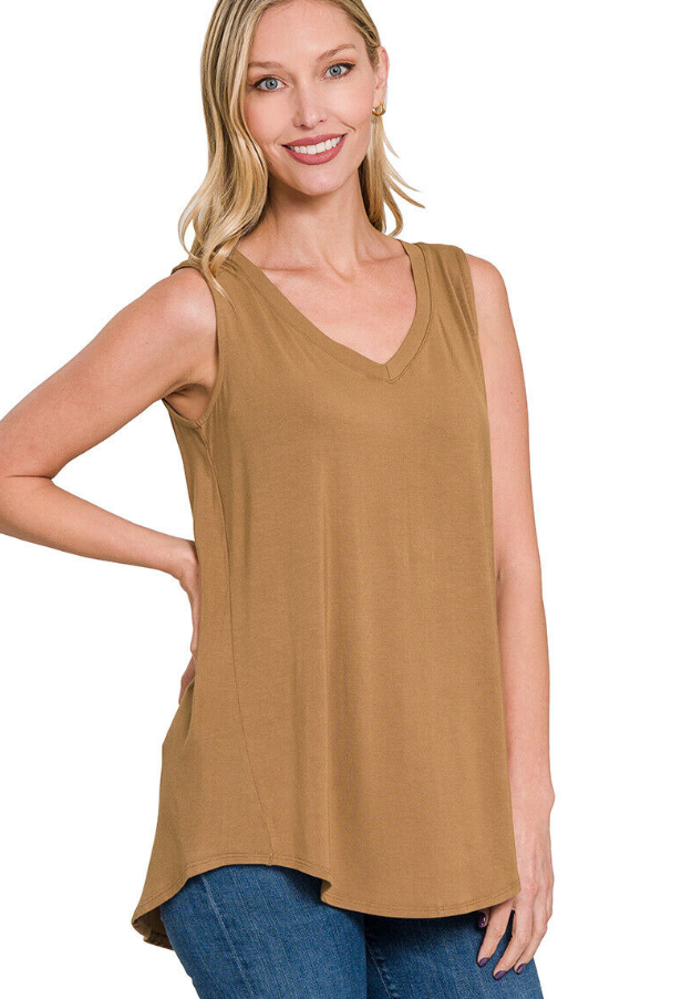 Erin V-Neck Rounded Hem Tank- Camel
