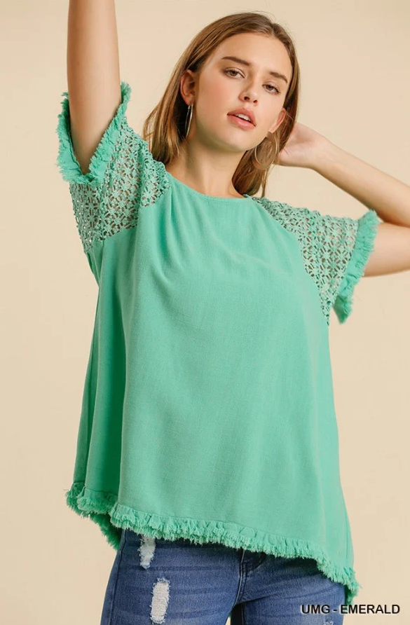 Crochet Detailed Linen Blend Top