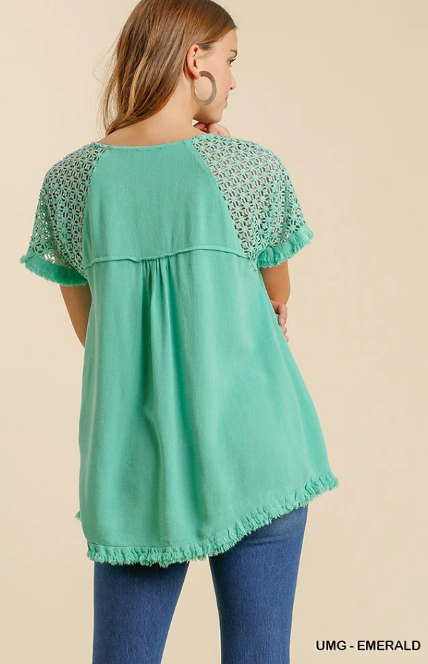 Crochet Detailed Linen Blend Top