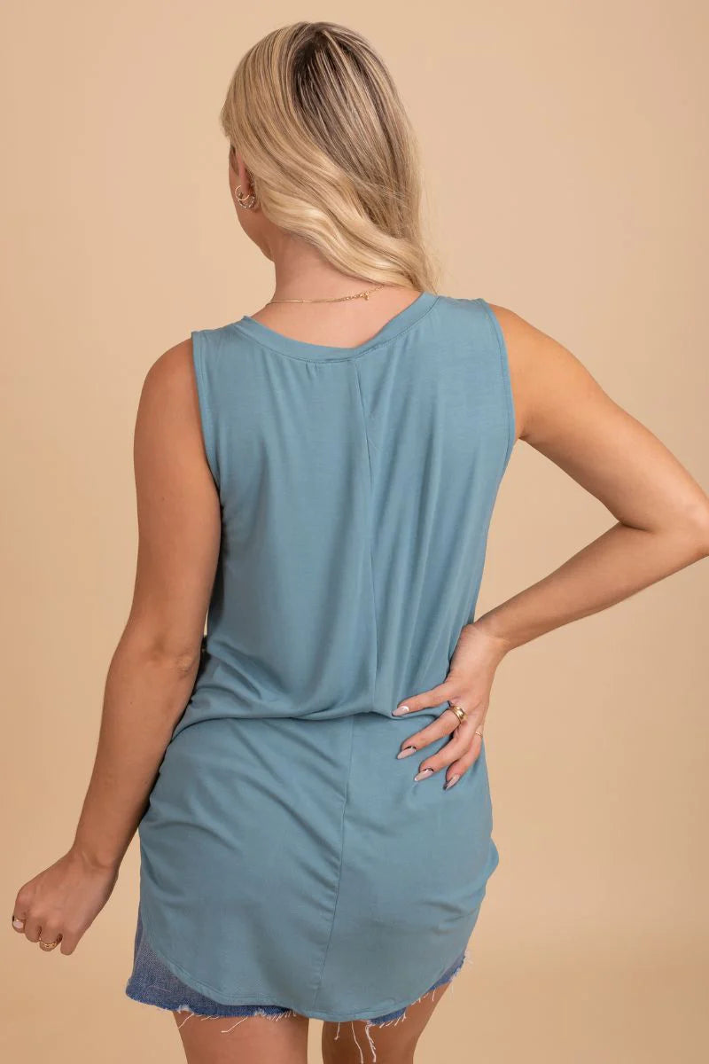 Erin V-Neck Rounded Hem Tank- Blue Grey