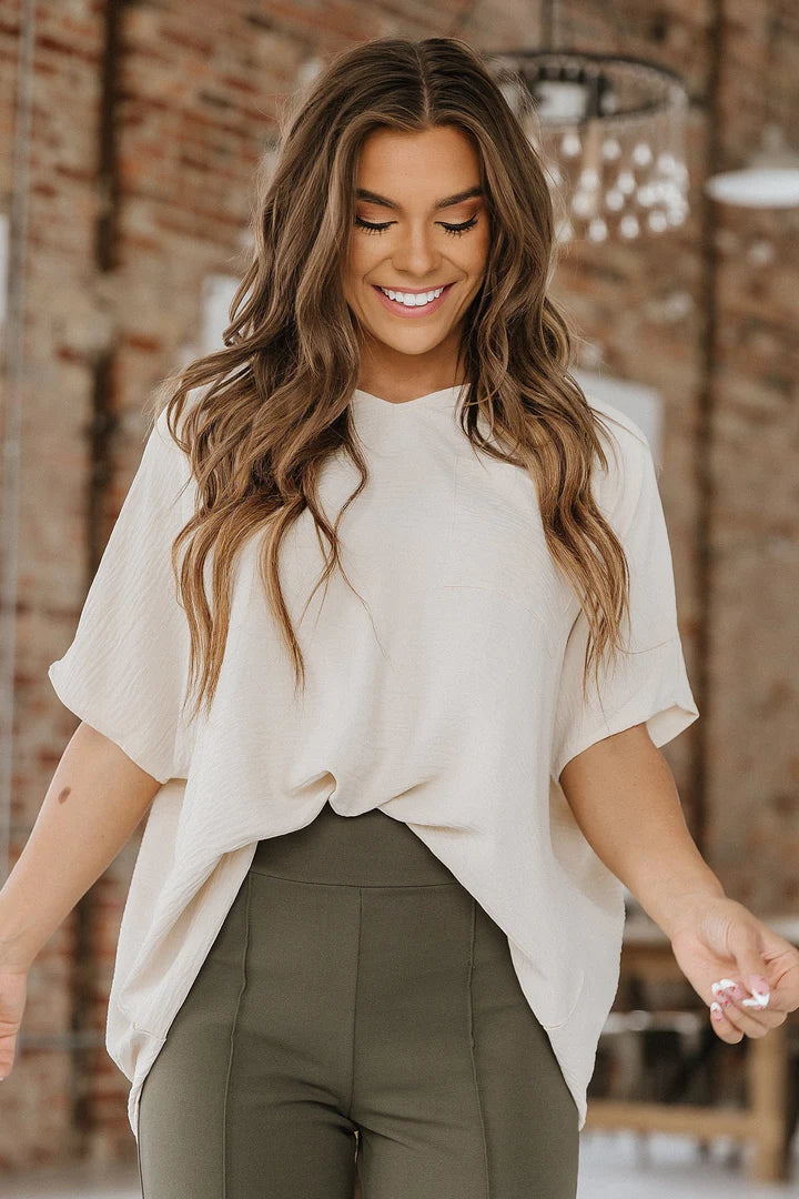 Meg V-Neck Dolman Top- Sand Beige