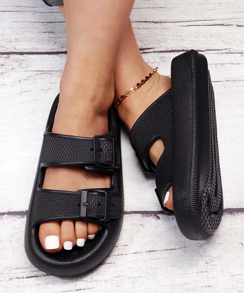 Double Buckle Slip-On Sandal (Black)