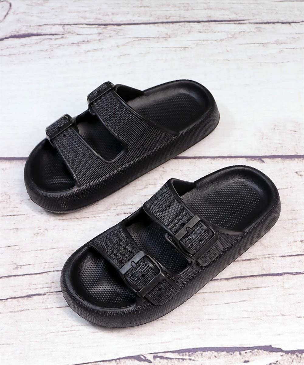 Double Buckle Slip-On Sandal (Black)