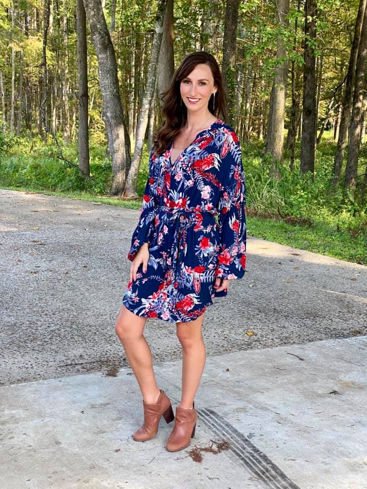 Navy Floral Print Mandarin Dress