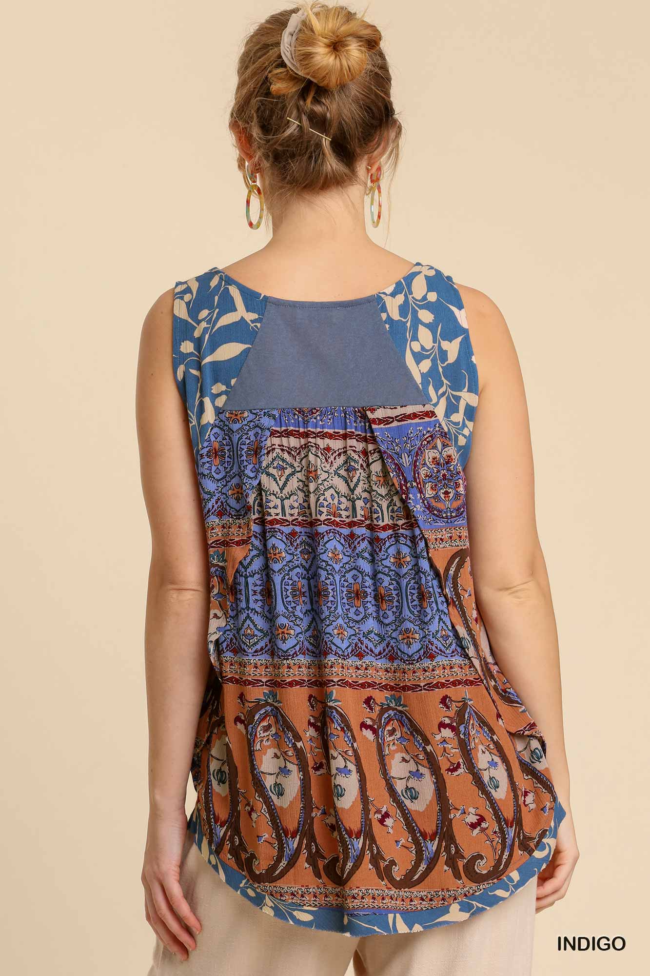 Indigo Boho Vibes Babydoll Top with Raw High Low Scoop Hem
