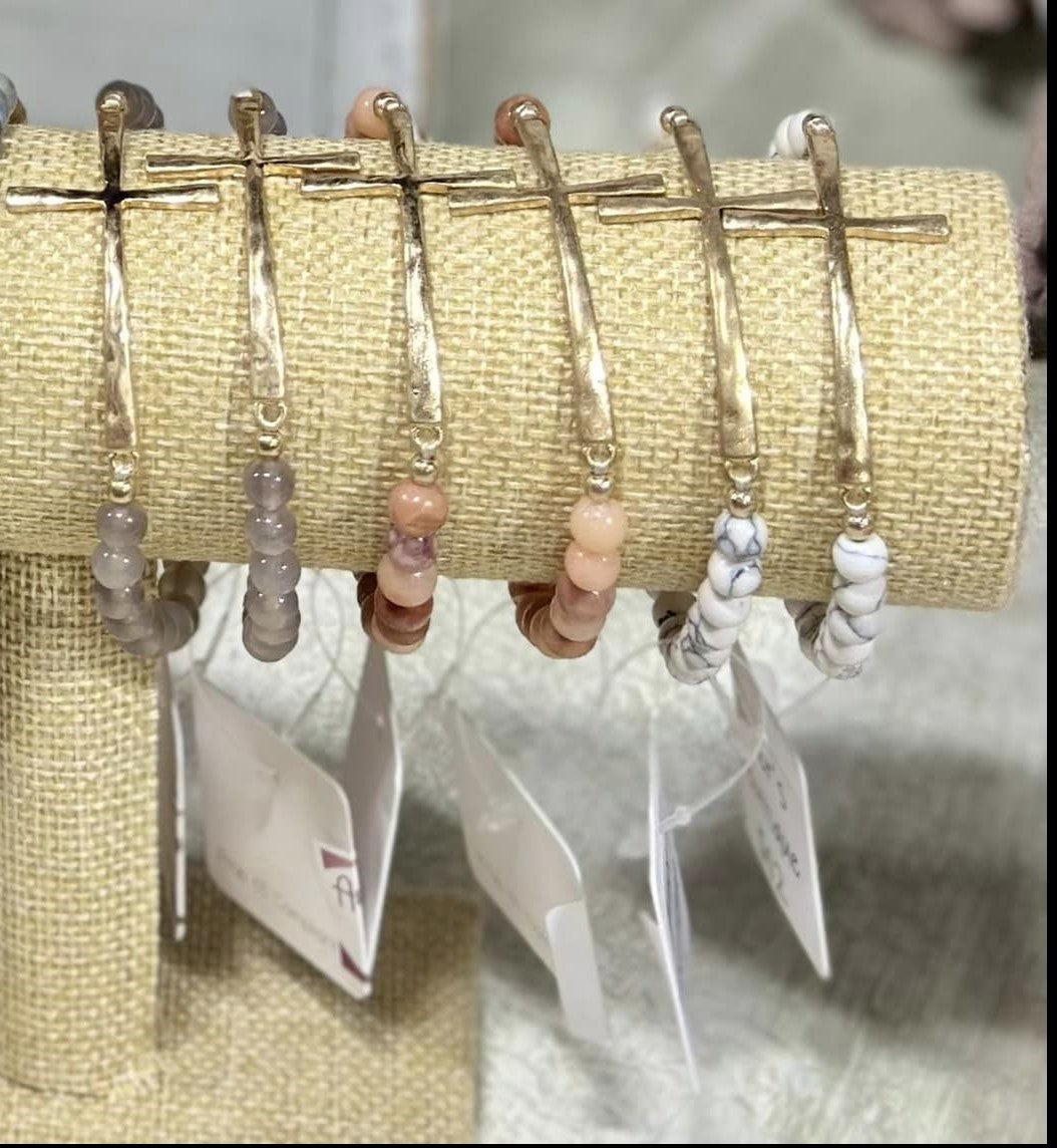 Dainty Hammered Cross Semi Precious Stone Bracelet