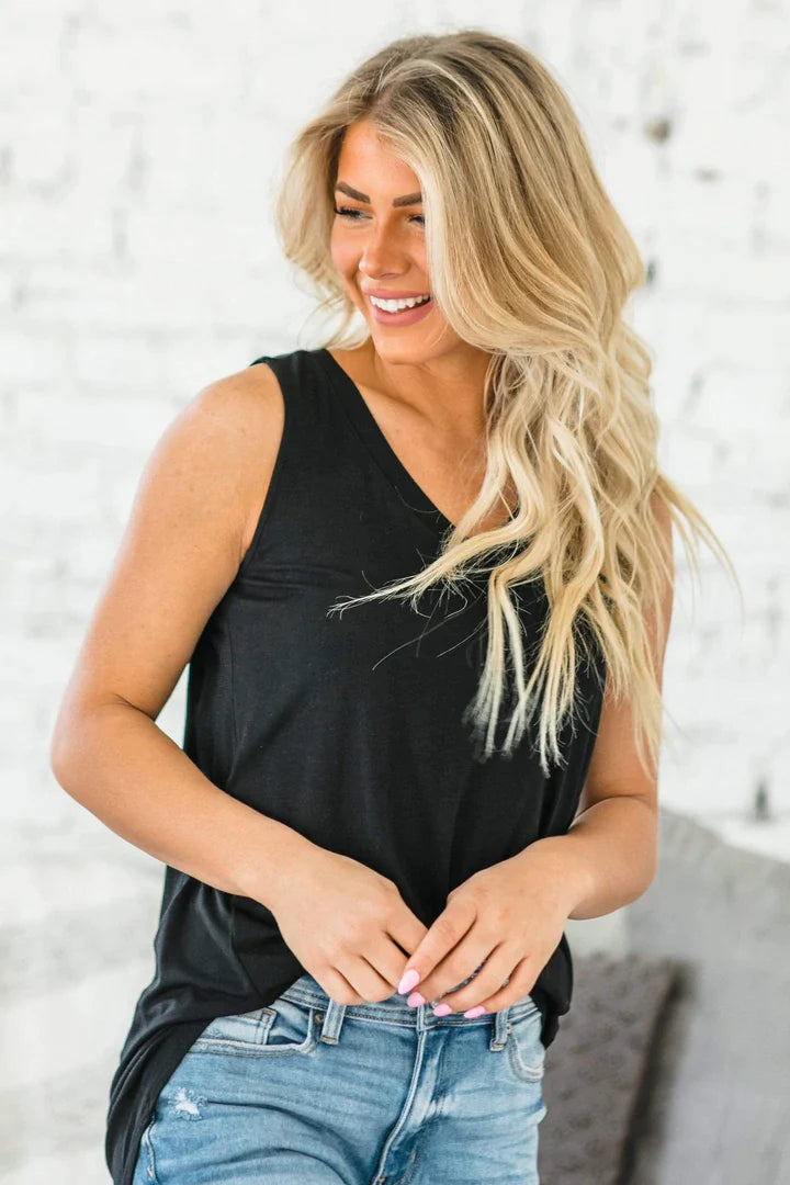 Erin V-Neck Rounded Hem Tank- Black
