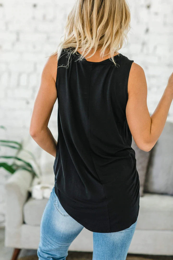 Erin V-Neck Rounded Hem Tank- Black