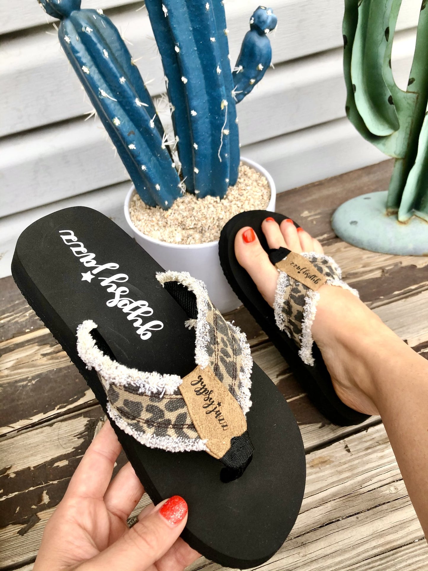 GYPSY JAZZ LEOPARD FRAYED HEM FLIP FLOPS